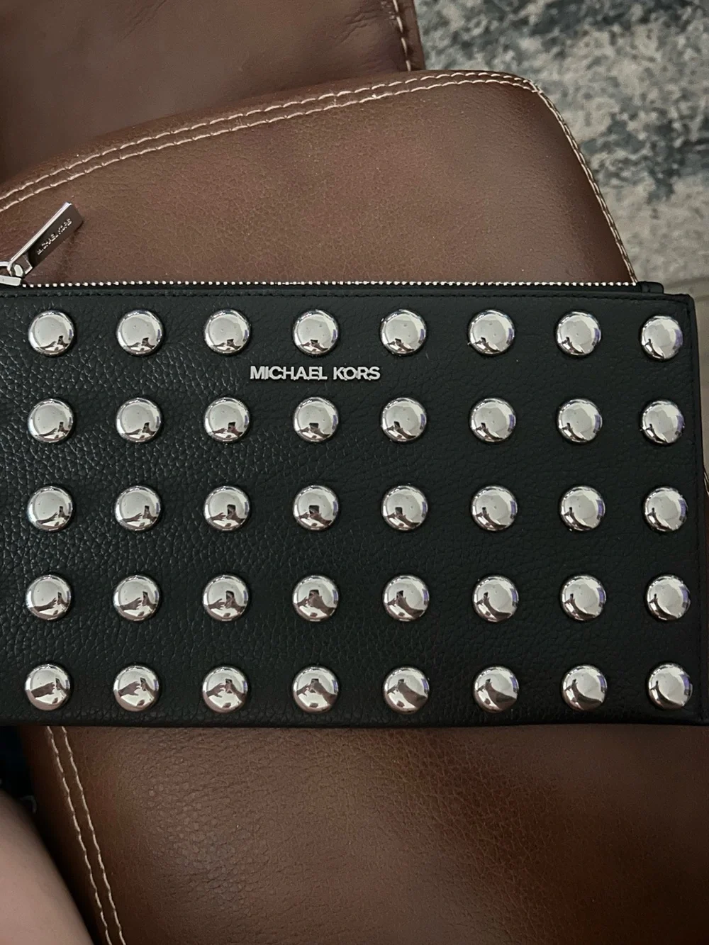 Michael Kors Jet Set Black Leather Studded Zip Wristlet